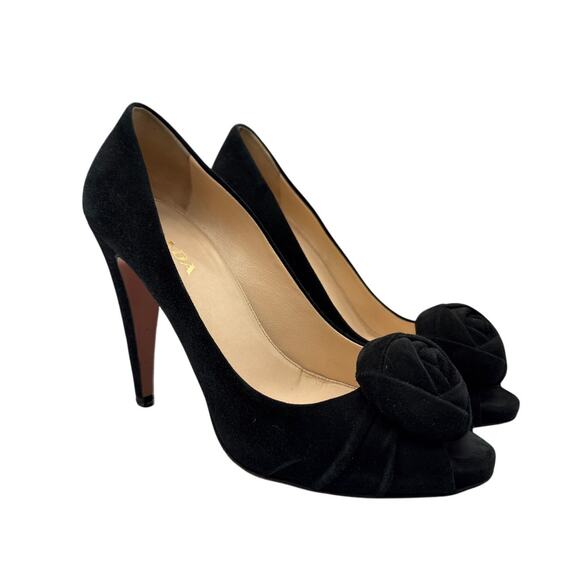 Prada Rosette Peep Toe Black Suede High Heel Pumps Size 38.5 - Picture 1 of 9